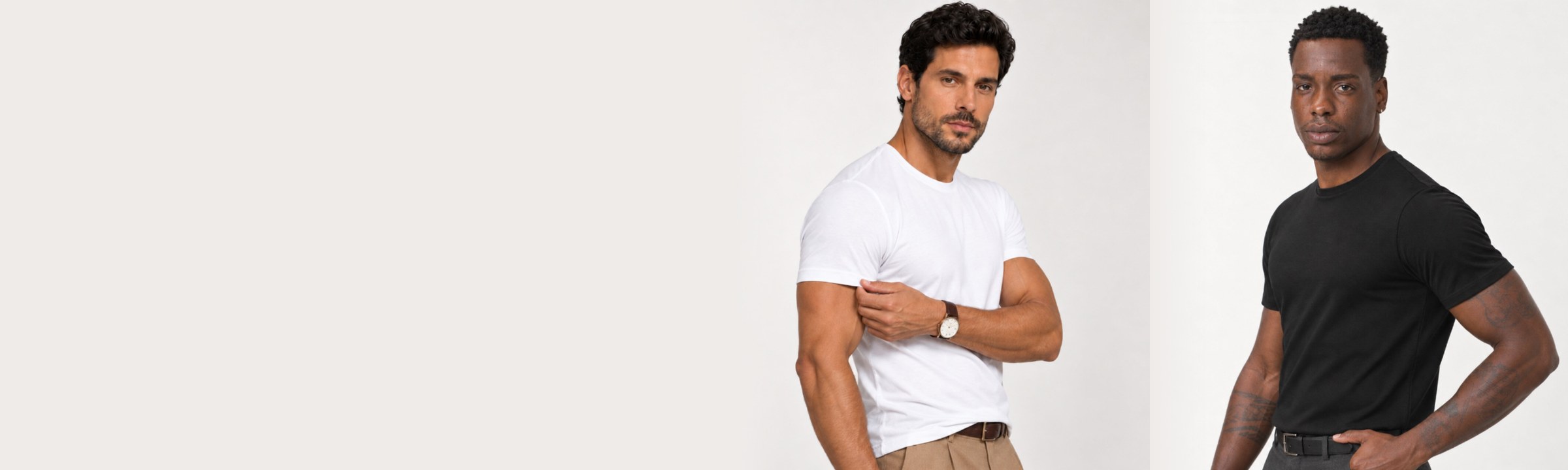 Homem com a camiseta Algodão Egípcio branca e homem com a preta