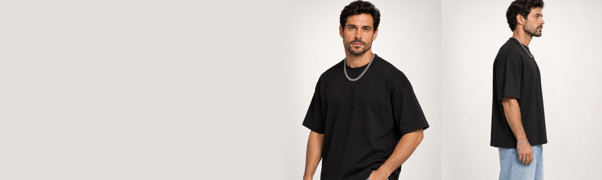 Homem com a camiseta Oversized preta, de frente e de lado
