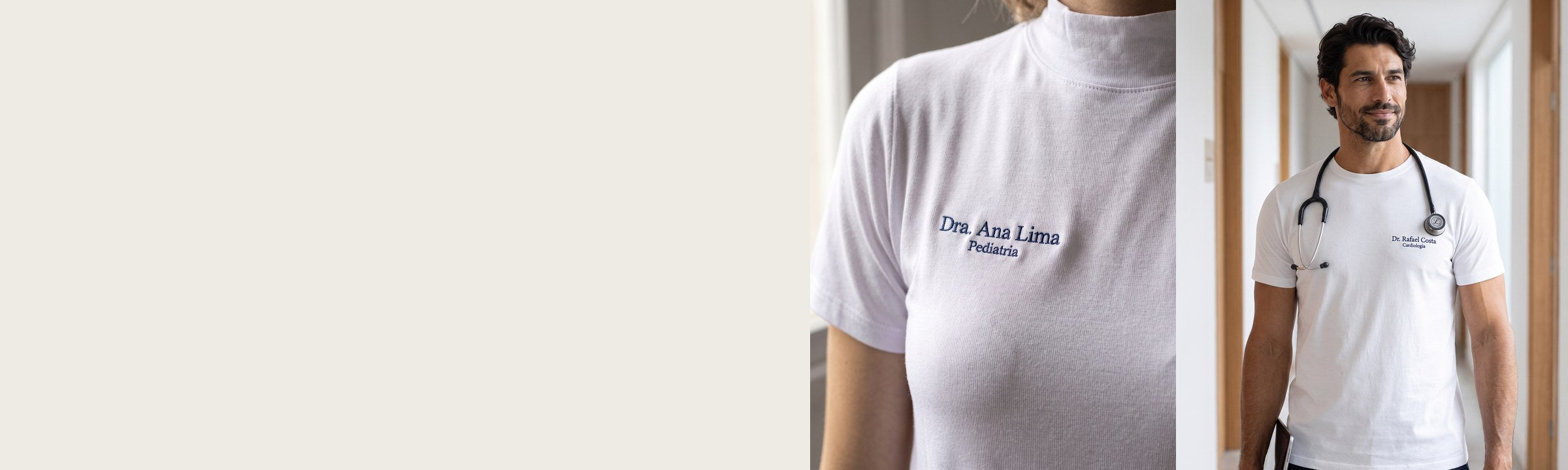 Bordado delicado com nome e especialidade no peito de uma camiseta branca