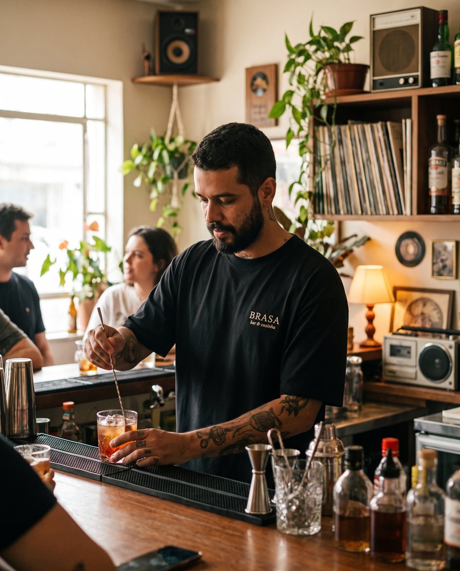 Bartender de camiseta oversized preta com o logo da casa bordado no peito