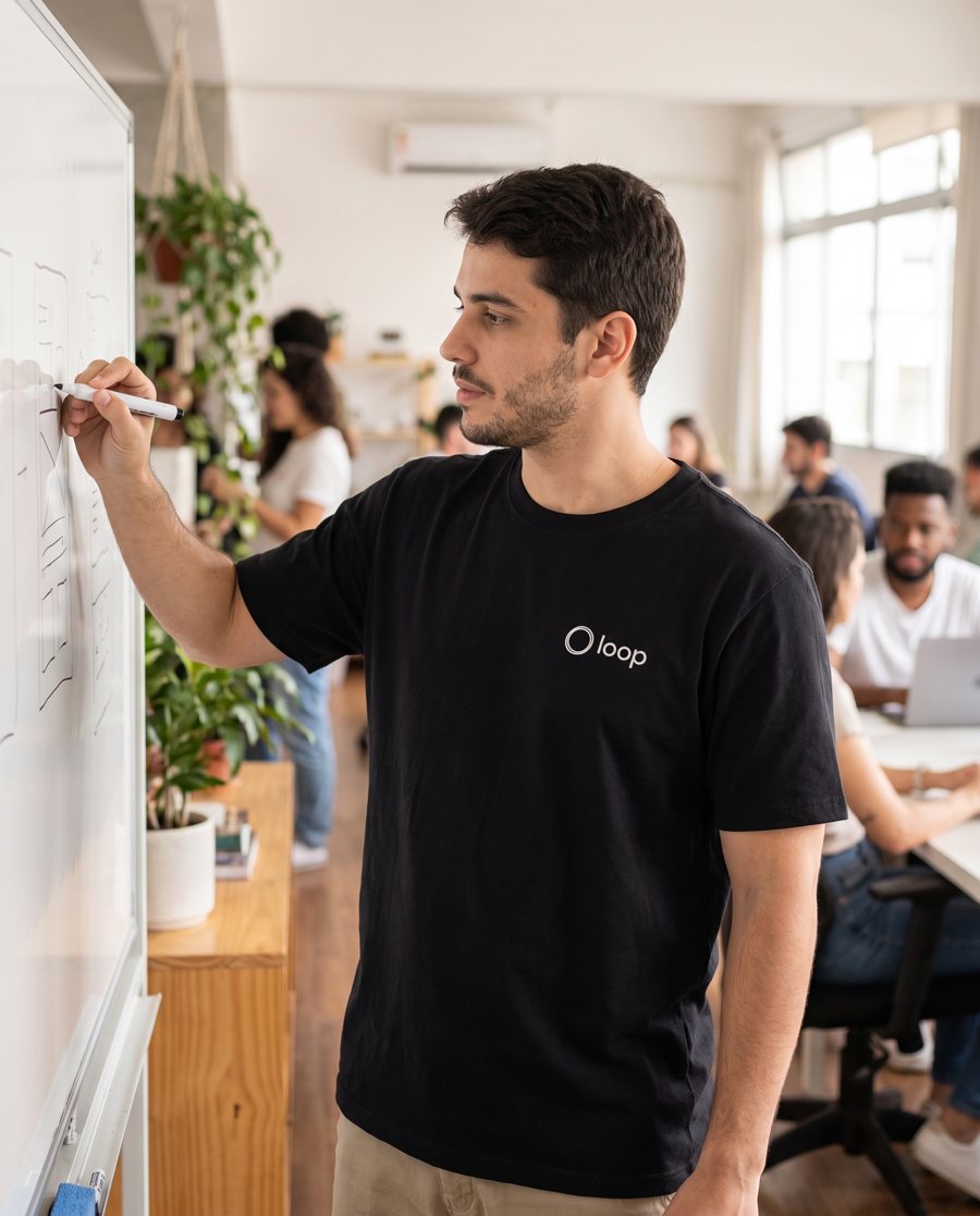 Homem de camiseta Clássica preta, de algodão, com logo pequeno no peito