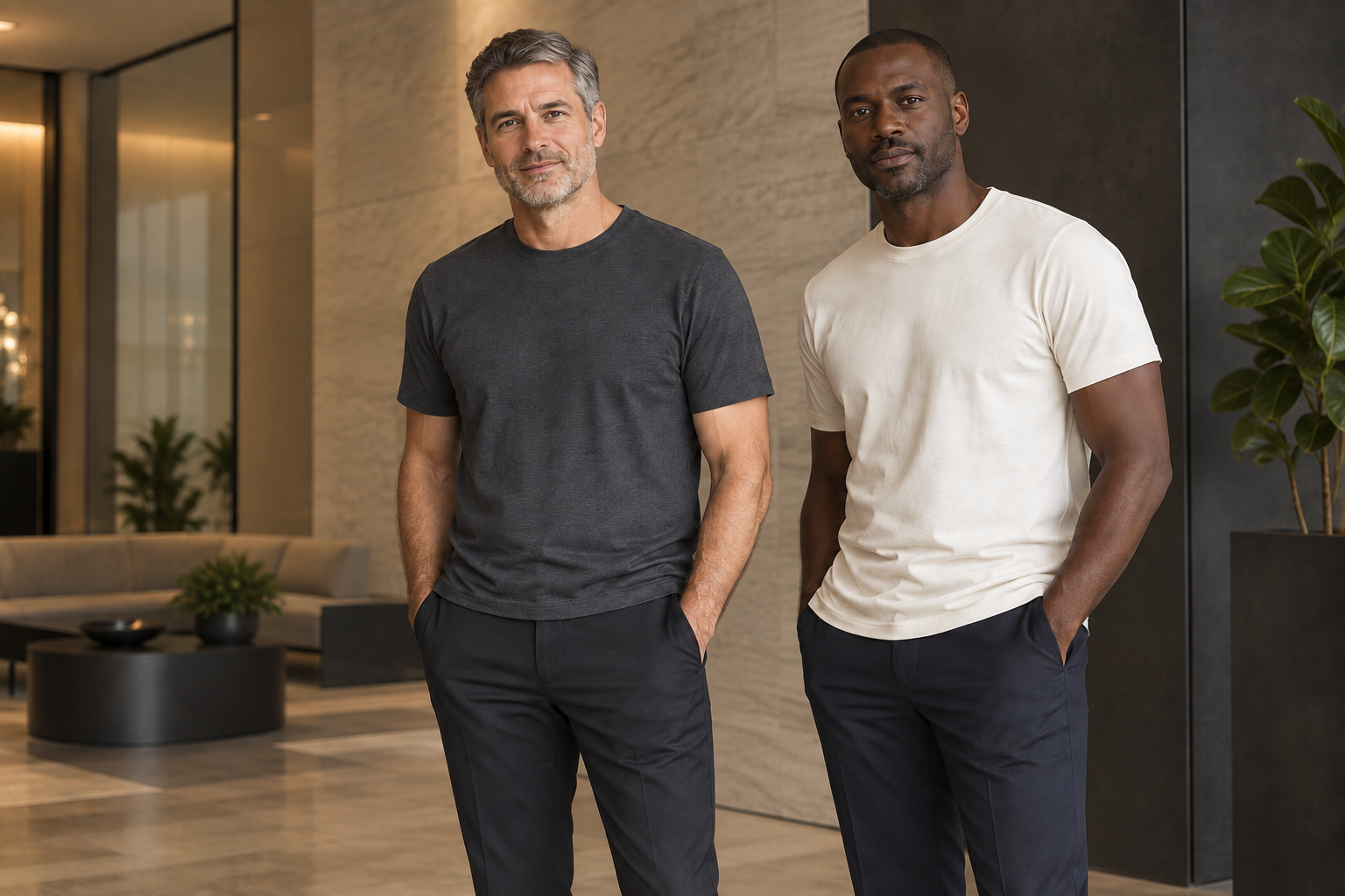 Conceito de estilo: dois homens adultos com camisetas em tons neutros